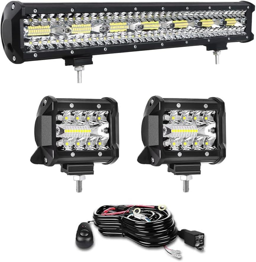 LED Light Bar Kits 22 Inch 420W 12V LED Light Bar, 2Pcs 4 Inch 60W LED Light Pod Driving Boat Led Off Road Lights with Wiring Harness for Truck ATV UTV Car Boat Tractor Snowplow Mower