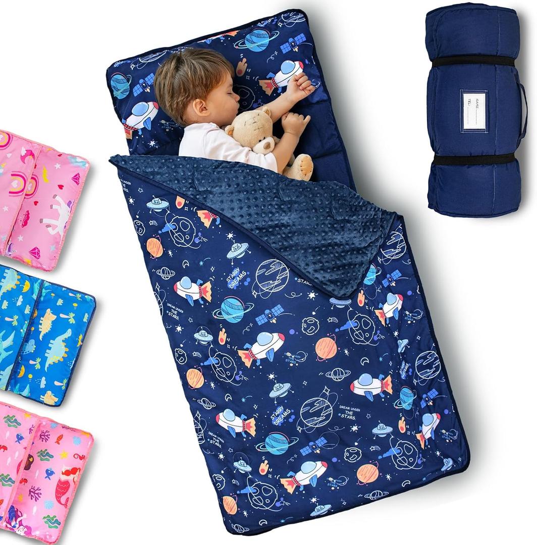 Primlect Toddler Nap Mat with Removable Pillow and Fleece Blanket, Extra Large 55''x35'' Sleeping Bag, Washable, Light, Easy to Roll up, Perfect for Daycare, Preschool, Kindergarten, Travel (Space Ship)