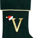 20 Inches Initial Monogram Green Christmas Stocking, Personalized Large Embroidered Letter Velvet Christmas Stocking with Gold Trim Decoration for Family Christmas Holiday Party Decor(Letter V)