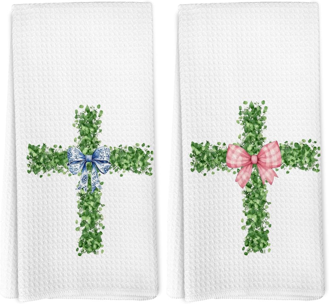 Chinoiserie Easter Christian Cross Kitchen Towels, Preppy Pink Bow Cross Religious Hand Towels for Bathroom Decor, Grandmillennial Easter Dishcloths Dish Towel for Kitchen 16x24 Inches Set of 2 (Color_9)