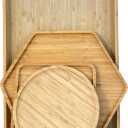 Bamboo Serving Trays Cutting Boards 16.5"x11.8"（42x30cm with Handle, Set Includes 0.63"(1.6cm) Thick Plates Hexagon 12.5"(32cm)+Square 7.8"(20cm)+Circle 7.8"(20cm) for Family Dinner Time
