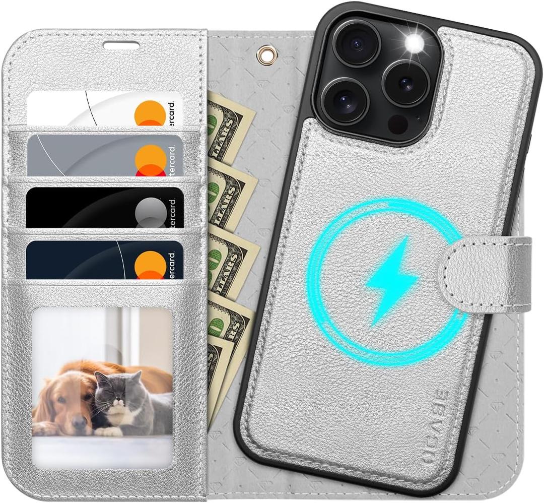 OCASE for iPhone 16 Pro Max Case Detachable Wallet Case with Card Holder, 2 in 1 Pu Leather Flip Folio with RFID Blocking Stand Wrist Strap Shockproof Phone Cover 6.9 Inch 2024, Silvery