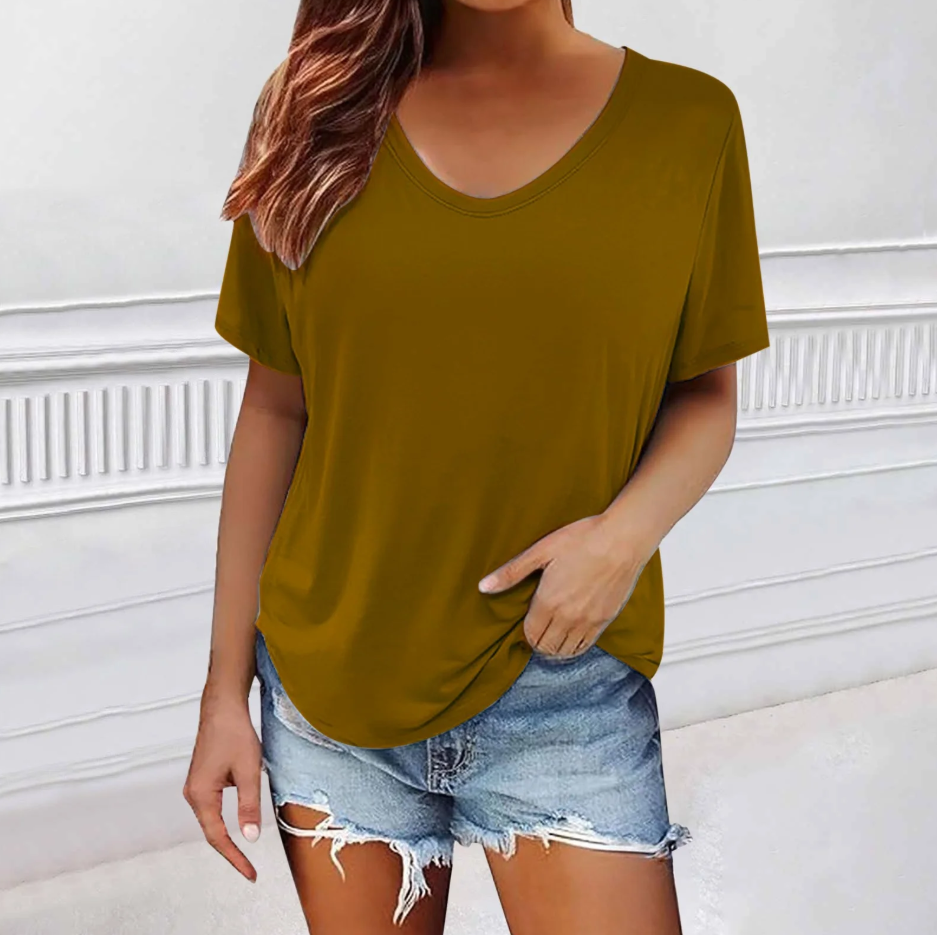 Heevina Short Sleeve Shirts for Women Scoop Neck Solid Color Loose Fit Basic Tshirts Fashion Fall Summer Tops Casual XXL Brown