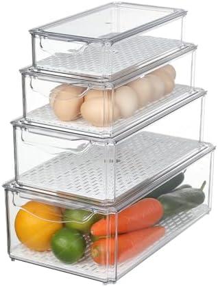 Naivees Plastic Fridge Organizer,Clear Storage Containers for Fridge Stackable Organizer Bins Square Food Storage Box Keep Fresh for Vegetable,Food,Fruits (4 PACK)