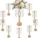 10 Pcs 21.5 Tall Gold Centerpieces for Table, Open Lattice Midsection Trumpet Base Vase Stands with Hanging Crystals, Metal Flower Holders for Wedding Receptions,Parties & Event Decor
