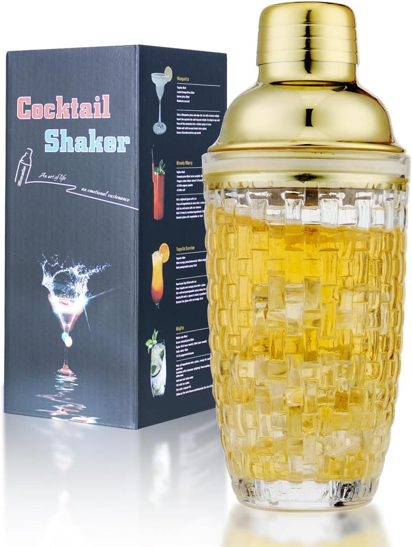 Glass Cocktail Shaker Set - Glass Shaker for Drinks, Shaker Set for Bars, Whiskey, Cocktails (Gold, 13 oz)