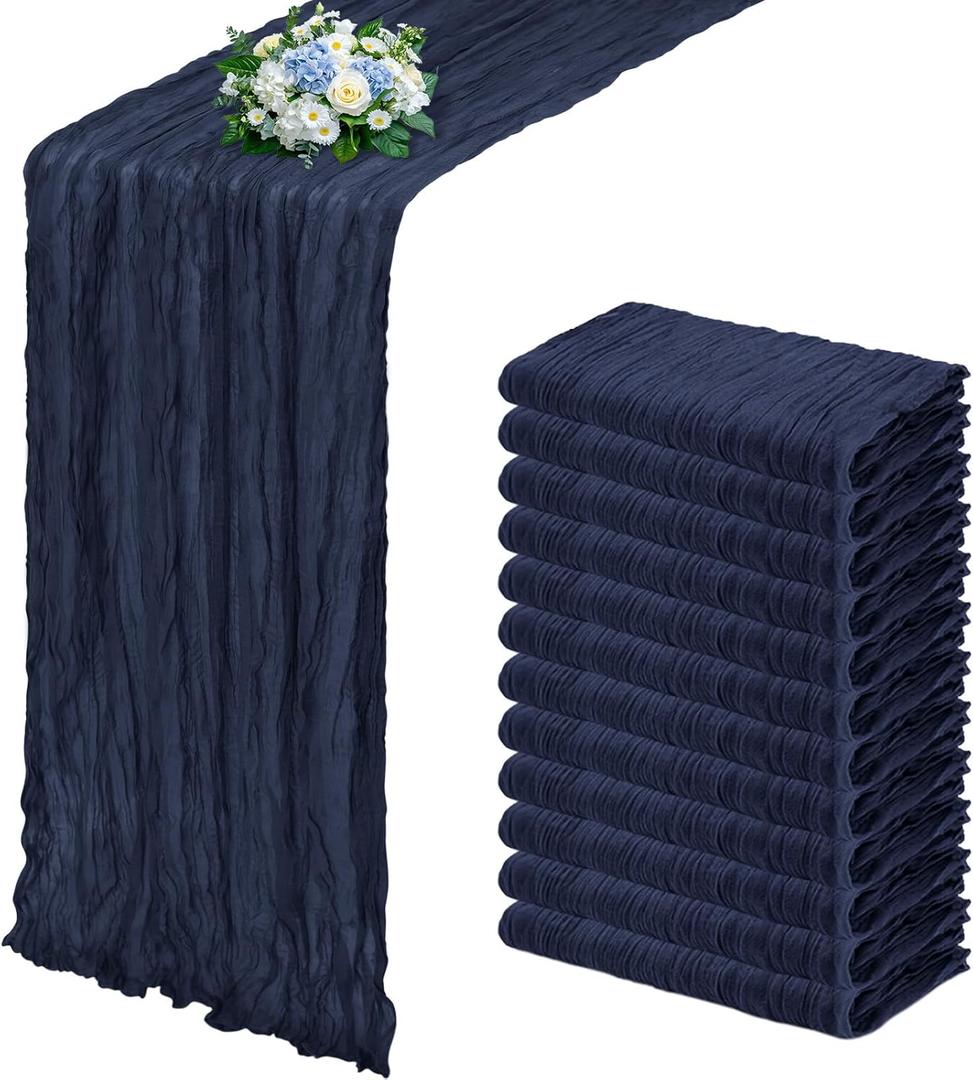 12 Pack Navy Blue Cheesecloth Table Runner 17x108 Inch Semi Sheer Boho Gauze Cheese Cloth Fabric Table Runners, for Wedding Party Baby Shower Birthday Home Decor Garden Farmhouse (L)