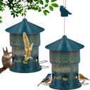 Outdoor Hanging Bird Feeder Squirrel Proof, 6 Feeding Ports with 360Chew Proof Metal Guard, Ideal for Cardinals Finches Chickadees and Wild Birds,All Weather Metal Bird Feeder