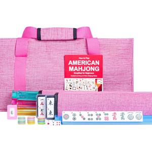 Jongyance American Mahjong Set, 166 White Tiles with Pink Bag, 4 All-in-One Rack/Pushers, Mah jongg Game Set (Mah-Jongg, Majiang,Ma Jong), 5 x 10 x 21 inches