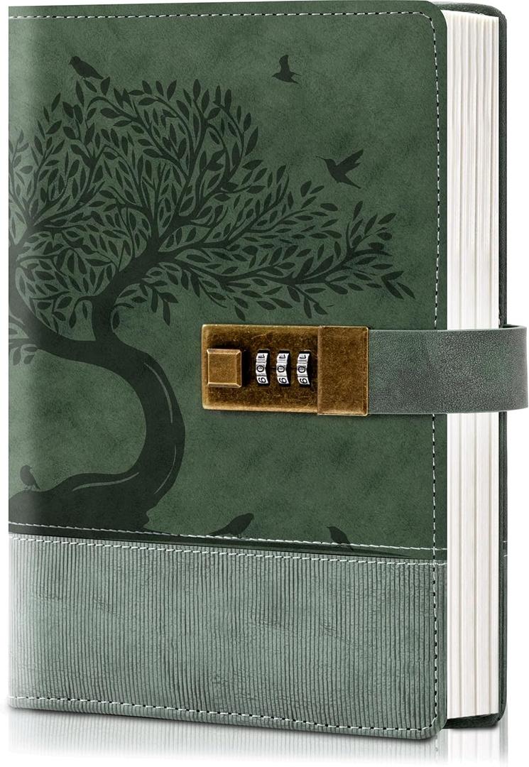 MINICAGIE Vintage Diary with Lock for Women Girls 256 Pages Leather Journal with Lock A5 Password Locking Journals for Writing Note Taking Boys Men, 5.9x 8.3 in, Green