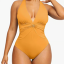 SHAPELLX Tummy Control Swimsuits Women V Neck One Piece Bathing Suit Ruched Push Up Slimming Swimwear Built-in Bra, Size L