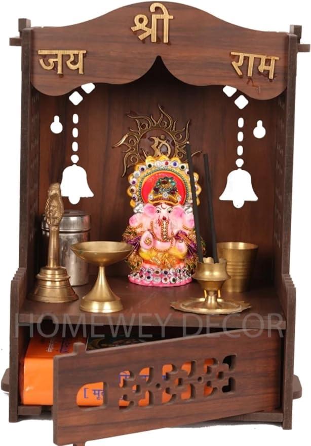 Beautiful Wooden Mandir/Temple for Home/Office/Shop Puja Ghar Wall Mounted Pooja Stand with Storage Cabinet Home Decor (. (DIY)(Brown)(15 inches)(Brown)