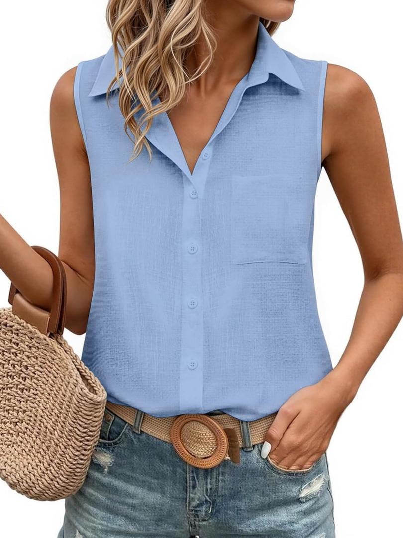 JEKAOYI Womens Sleeveless Casual Button Down Shirts Cotton Blouses Button Up Collared Tank Tops Summer 2026 S