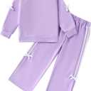 Toddler Girl Clothes Girls Outfits Kids Sweatsuit Long Sleeve Bow Details Top Wide-Leg Pants Little Girls' Clothing Set (4-5T, Purple)