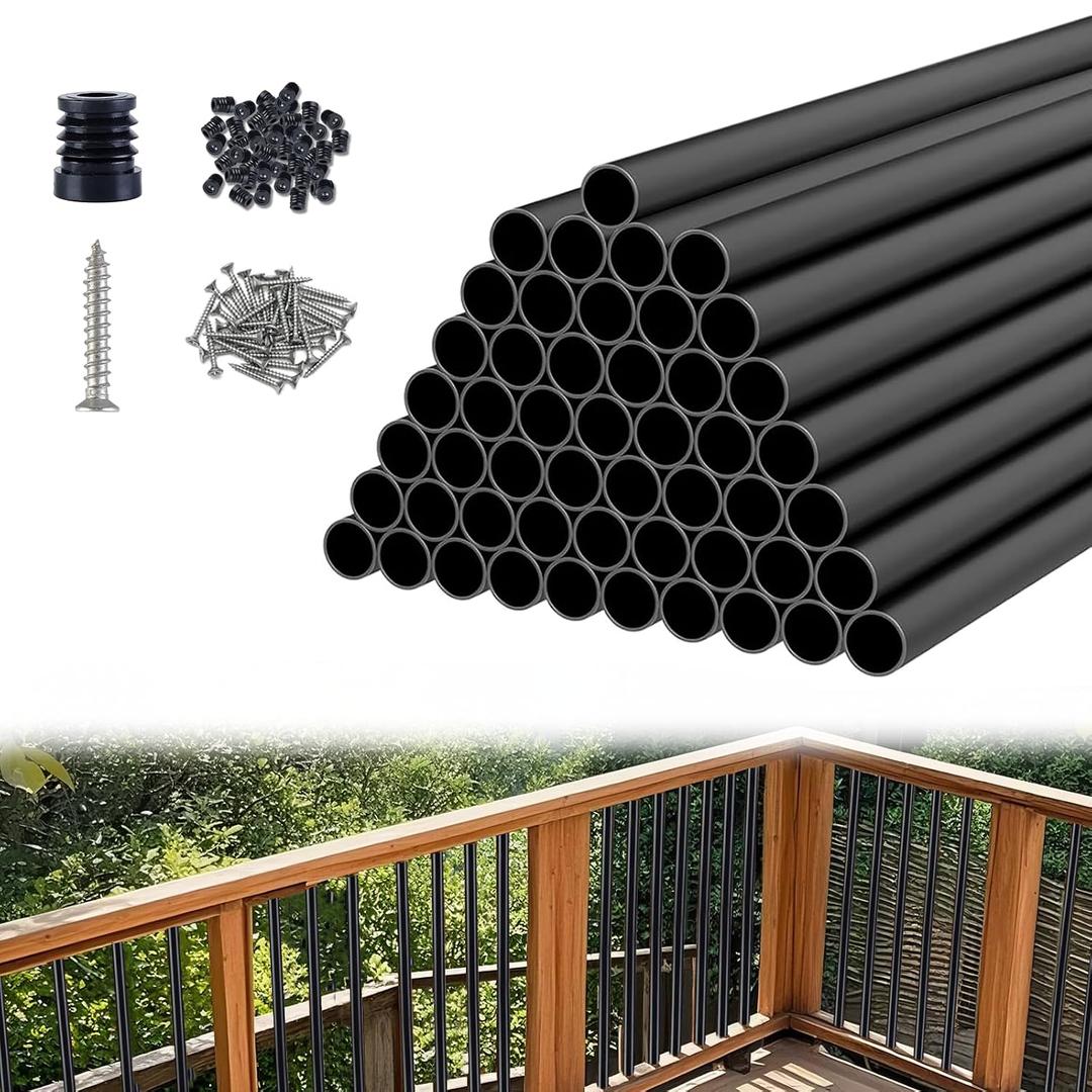 Black Aluminum Deck Balusters 36in x 3/4in, 50 Pack Spindles with Connectors & Screws, Powder-Coated Metal Baluster Replacement Kit for Deck Railing, No-Drill Easy Install