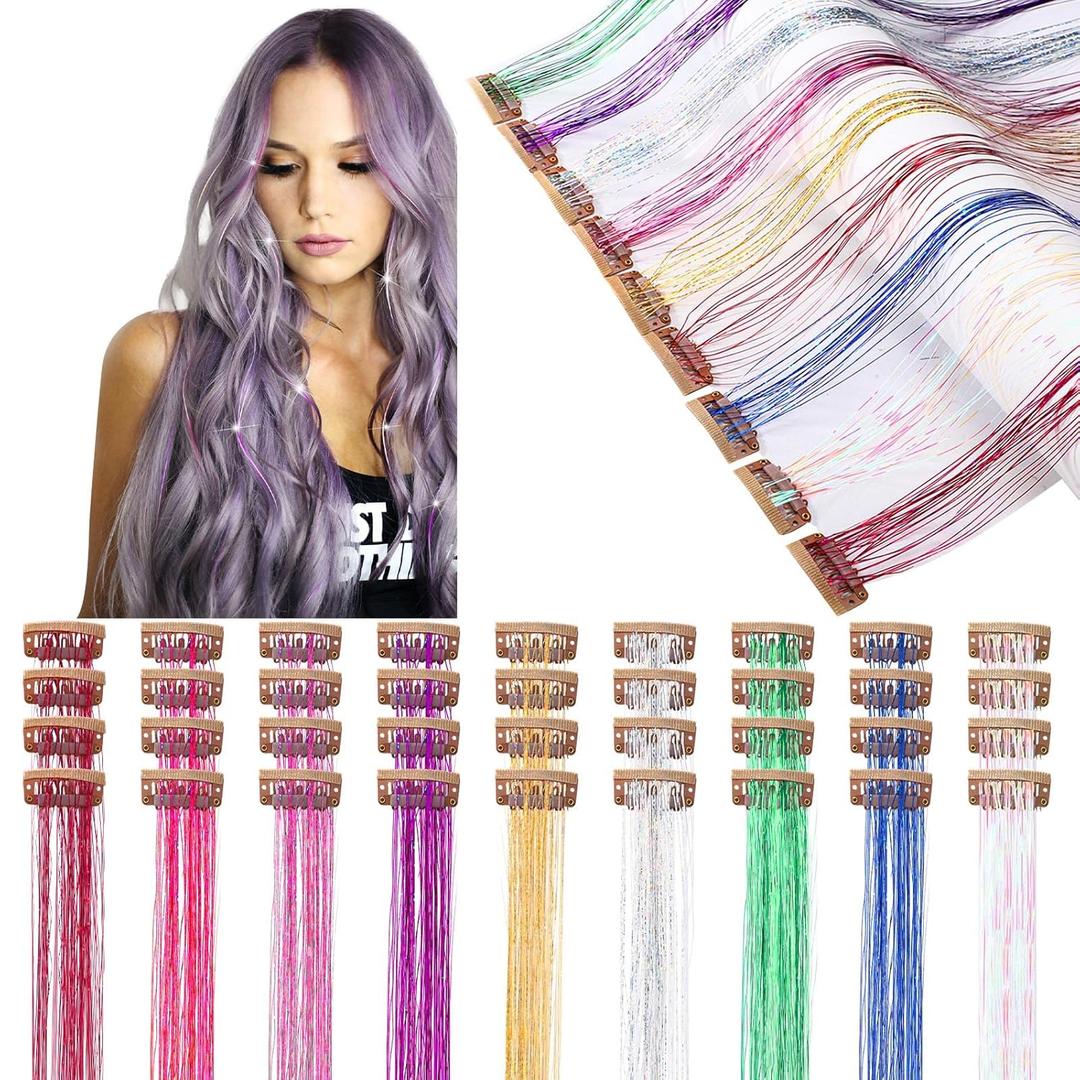 Panelee 36 Pcs 19.7 Inch Clip in Hair Tinsel Kit Clips on Glitter Tinsel Extensions Heat Resistant Hair Accessories for Women(Retro Colors)