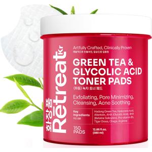 Glycolic Acid & Green Tea Toner Pads with Centella Asiatica, VIT B5, AHA BHA, 150 Exfoliating Pads, Dual Texture, Exfoliates Surface Skin and Reduces Fine Lines & Wrinkles, Brightens, Minimizes Pores