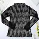 Women's Long Sleeve Mesh Tops See Through Sheer Tee Shirts Mock Neck Floral Embroidery Tops for Layering (Black, L)