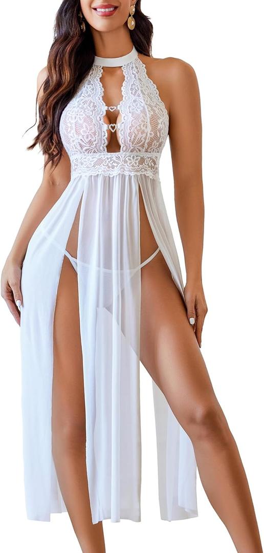 Avidlove Women Lingerie Lace Babydoll Nightdress Sexy Chemise Nightgown V Neck Nightdress Sleepwear (Small, White)