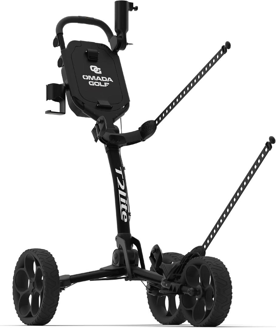 OMADA GOLF T2Lite Golf Push Cart | Lightweight, Ultra-Compact Folding Golf Cart | Large All Terrain Wheels | Umbrella Holder Included | Deep Storage Console | Adjustable Handle, Handbrake + Cup Holder