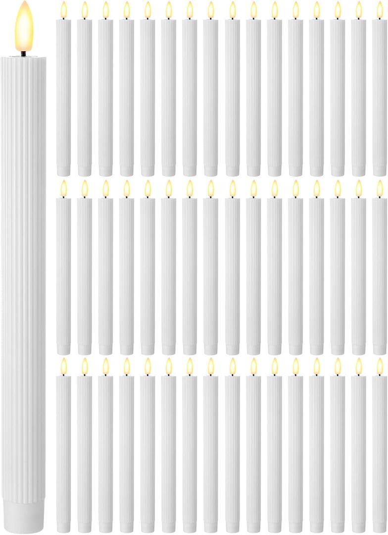 Funtery 48 Pcs Flameless LED Taper Candles 10 Inch Battery Operated Candles Bulk Flickering LED Candlesticks for Christmas Church Wedding Party (White, Elegant Style)