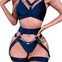 Lilosy Sexy Chain Strappy Garter Belt Women Lingerie Set Rave Outfits (Large, Navy Blue)