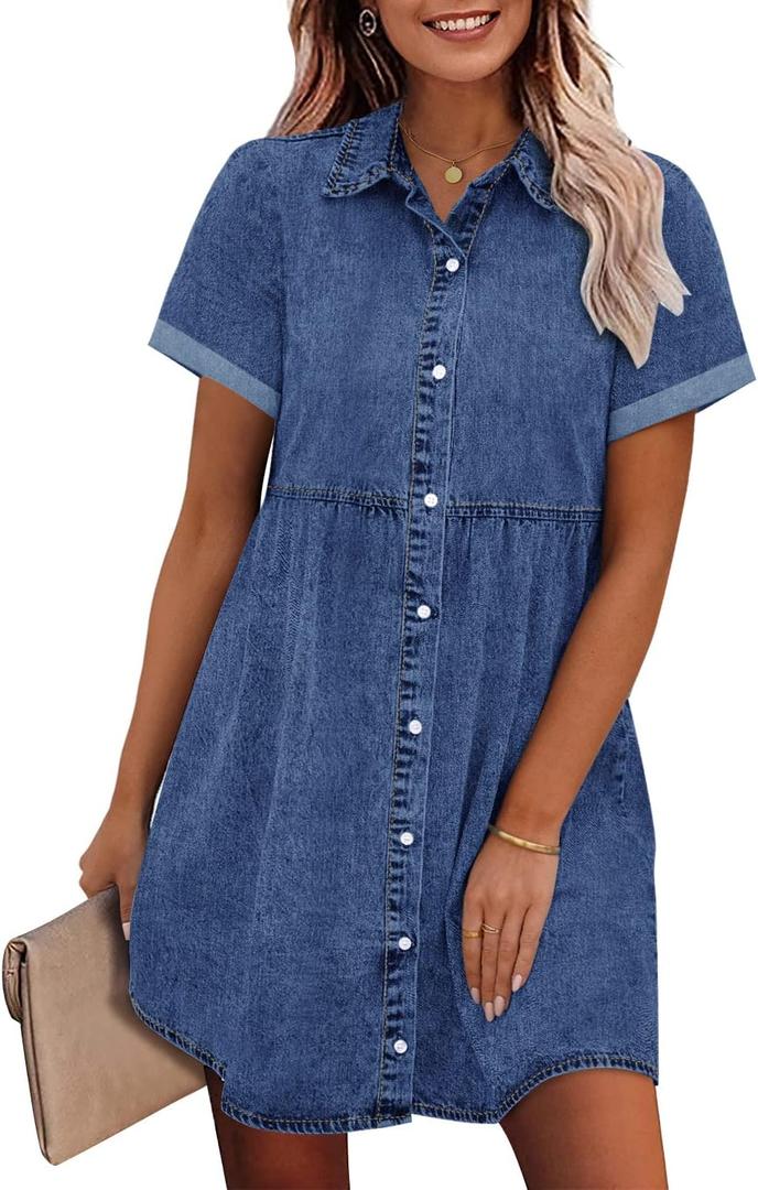 GRAPENT Denim Dress for Women Babydoll Tiered Short Sleeve Button Down Jean Shirt Dresses (Medium, Wishful Blue)
