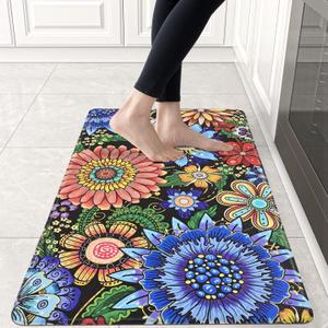Likiyol Kitchen Rugs Boho Floral Anti Fatigue Kitchen Mat for Floor Bohemian Flowers Non Slip Washable Kitchen Floor Mats, Comfort Standing Mat for Sink, Office, Laundry, 18''x30'', 0.47" Th, Blue