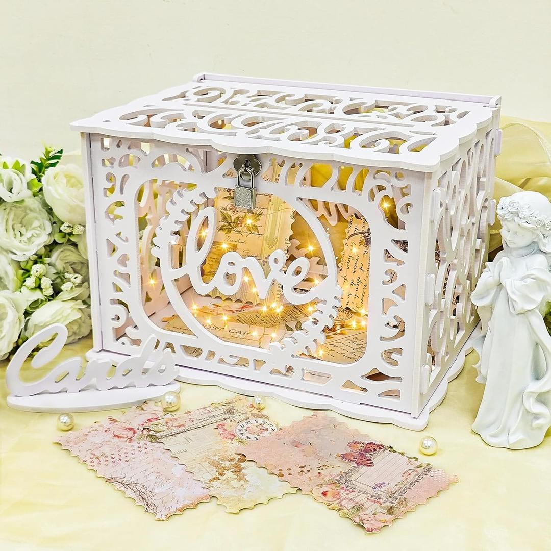 AerWo White PVC Storage Box for Wedding, 12.0 x 9.3 x 8.5 inches, Holds 300+ Cards, Waterproof, DIY Decorations, Lock & String Light Included