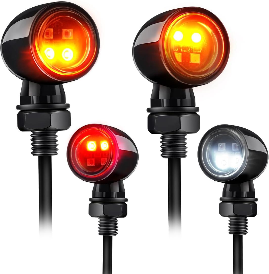 4-LED Bullet Turn Signals Mini Motorcycle Blinkers, Universal 10mm Mounting Hole, Front Rear Indicators Compatible with Honda, Kawasaki, Suzuki, Yamaha, Harley, Bobber, Chopper