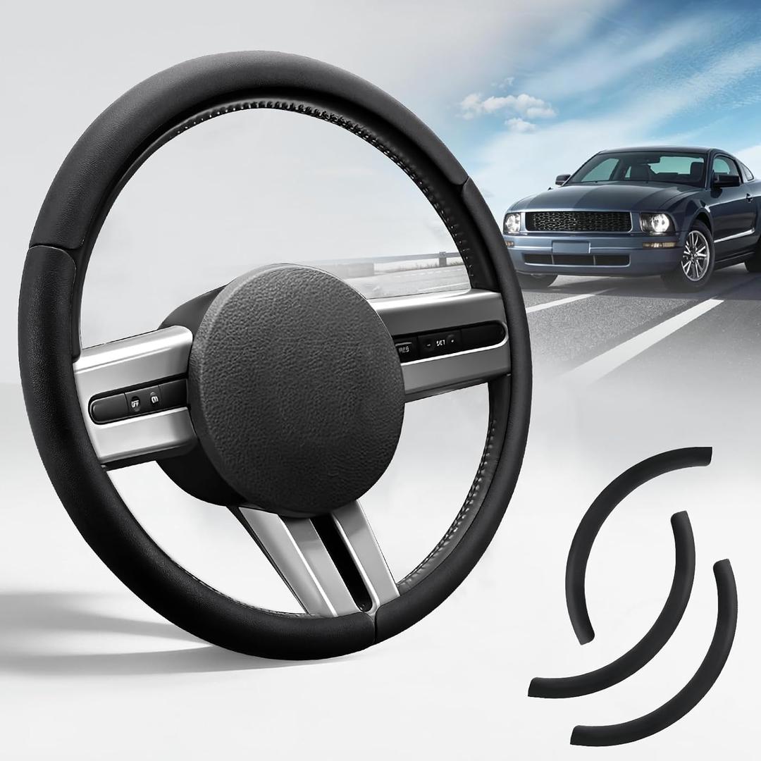 Steering Wheel Cover for Ford Mustang 2005-2023 3 Piece Leather Car Steering Wheel Accessories (Black)