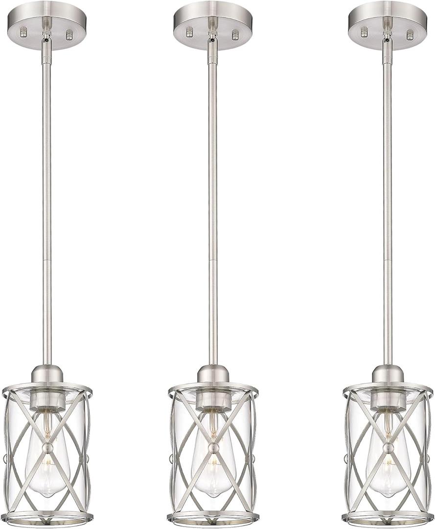 Osimir Brushed Nickel Pendant Lights Kitchen Island 3 Pack, Glass Kitchen Pendant Lighting Over Island with Rod, Modern Mini Hanging Light for Kitchen Sink Dining Room, CH9176BN-3PK