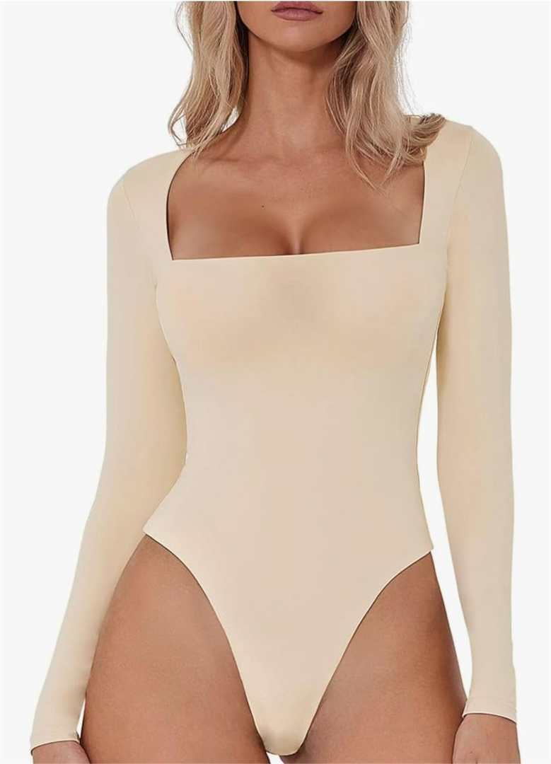 Women's Sexy Square Neck Bodysuit Long Sleeve Double Lined Shirt Tops Size XXL
