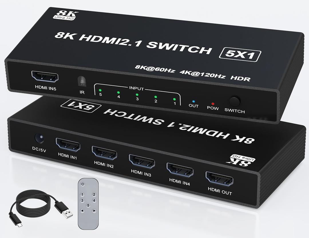 HDMI Switch 4k@120Hz 8K@60Hz - 5 in 1 Out HDMI 2.1 Switch Box Port Expander Selector with Remote Support 3D/HDR/HDCP2.3, Compatible with PS 5/4/3 Xbox DVD Player TV PC HDMI Multiport Switcher