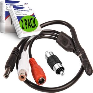 CCTV Microphone 2-Pack  High-Sensitivity Security Audio Mic for DVR, Outdoor Surveillance, RCA Connection  Amplified Preamp Pickup Device for External Camera Sound