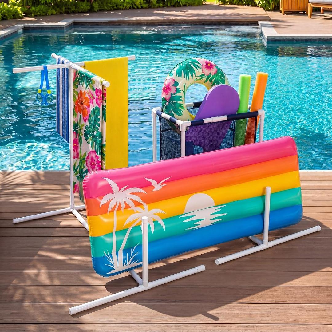 Weysat Four in One Pool Float Storage with Towel Rack Outdoor Holder Pool Side Organizer Towel Rack with Removable Mesh Hamper for Noodles Toys Balls Raft Goggles Swimming Equipments Drying Stand