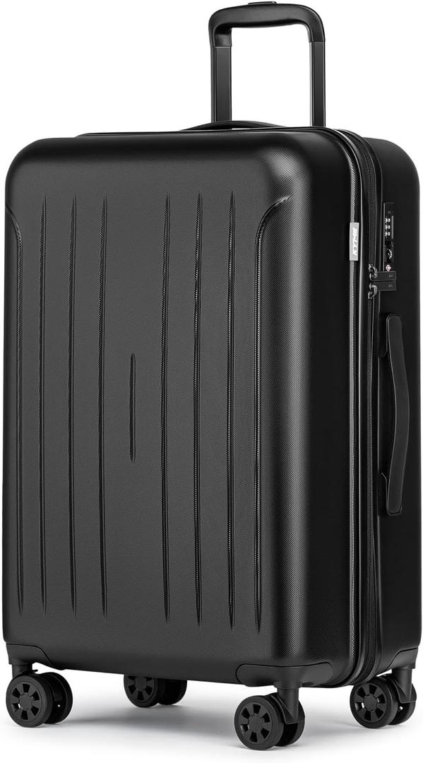KYME 24-Inch Medium Luggage with Dual 360 Spinner Wheels Hardshell Checked TSA Approved Suitcase for Lightweight Travel (Black, 24" Checked)