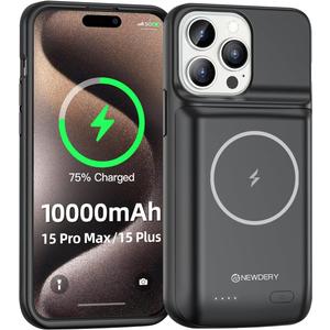 NEWDERY 10000mAh Battery Case for iPhone 15 Pro Max/Plus, USB C Qi Wireless Charging,Portable Protective Charger Case Battery Pack