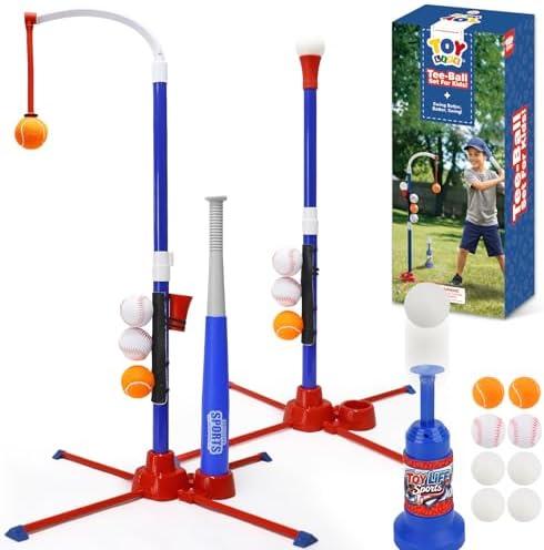 TOY Life 3-in-1 tBall Set for Kids 3-5, Adjustable Toddler T Ball Training Set with Bat, Toddler Baseball Set Semi-Automatic Launcher, Hanging Tee, Soft & Dog Play Balls, Fun Sports Set for Ages 3+