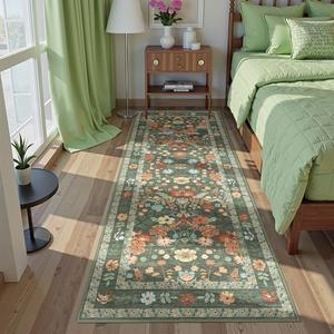 Deerly Green Floral Runner Rug 3x8 for Hallway Vintage Boho Washable Bathroom Kitchen Bedroom Runner Rugs Non-Slip Soft Low Pile Thin Indoor Carpet for Laundry Room Farmhouse Flower, Green/Multi