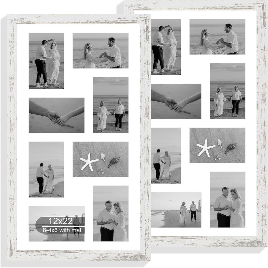 Hongkee 12x22 Picture Frame Set of 2, Distressed White with Glass Collage Frame, Display Eight Opening 4x6 Photos With Mat or 12 x 22 Newspaper Without Mat - Horizontal or Vertical Wall Mounting, 12x22 in Matted to 8-4x6