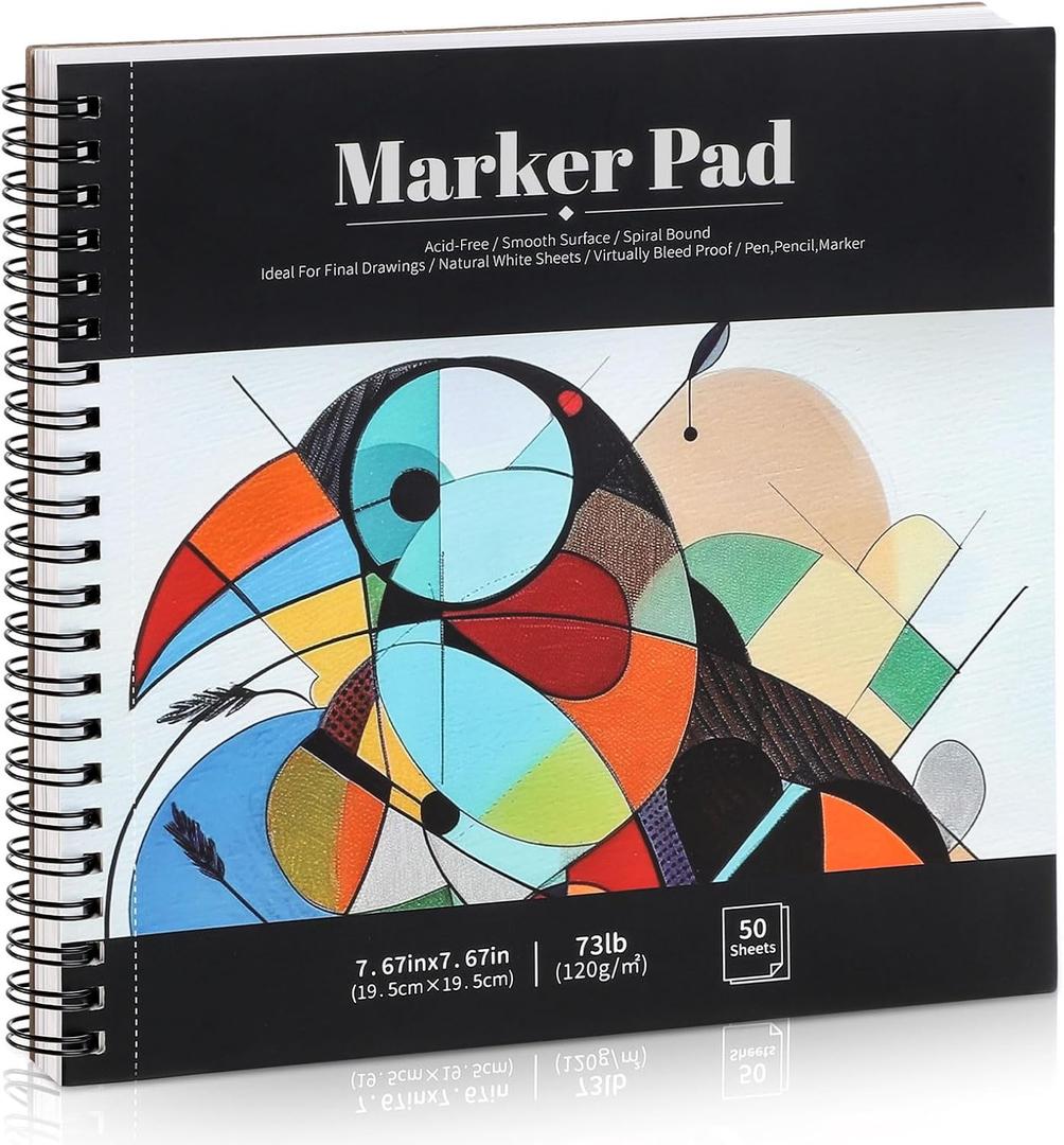 50 Sheets Marker Paper Pad, 7.67.6 Inch Bleedproof Art Sketch Pad, 73lb/120gsm Drawing Paper Spiral Sketch Book, Alcohol Marker Paper Painting Coloring Paper for Beginners, Artists, Ideal Gift
