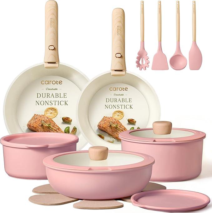 CAROTE 19pcs Pots and Pans Set Non Stick, Detachable Handle Cookware, Pink
Kitchen Cooking Sets, Space Saving, Induction Compatible, Dishwasher & Oven Safe, Non-Toxic, for Camping/RV/Traveling