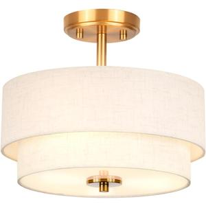 Edwarmlux 3-Light Semi Flush Mount Ceiling Light Fixture, 12.6" Gold Drum Light with White Fabric Shade, Modern Close to Ceiling Light for Living Room Bedroom Dining Room Kitchen Hallway Entry Foyer