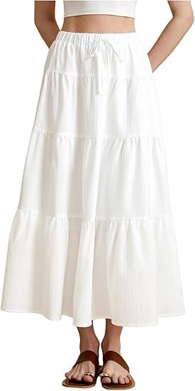 Women's Tiered Ruffle Hem Maxi Skirt A Line Elastic Waist Flowy Skirts, L
