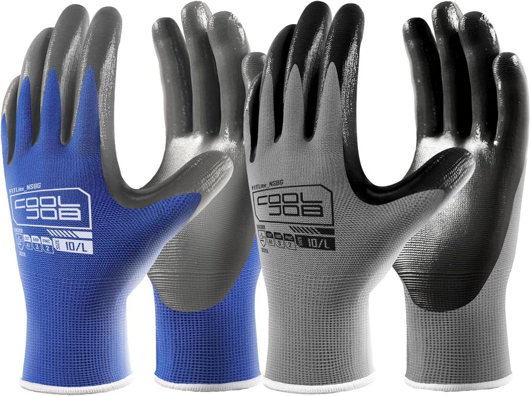 COOLJOB 10 Pairs Nitrile Dipped Safety Work Gloves with Grip, Non-slip Rubber Coated Bulk Garden Gloves for Men, Heavy-duty Oil Resistant for Truck Driver, Warehouse Box Handler, Large, Gray Blue