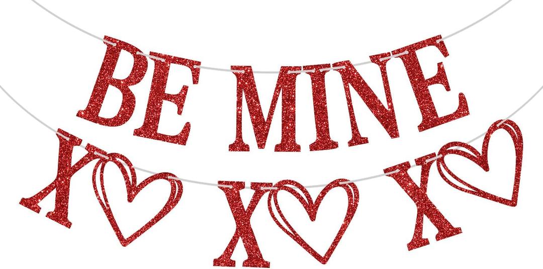 Red Glitter BE MINE Banner, Valentine's Day Bunting Garland, Romantic Anniversary, Wedding, Engagement, Galentine's Party Decorations