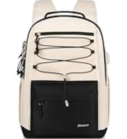 MOMUVO Classic Backpack for Women, Lightweight High School Bookbag for Teens Girls, Waterproof 15.6 Inch Laptop Bag with USB Charging Port for College Work Travel Trip, Black & Beige