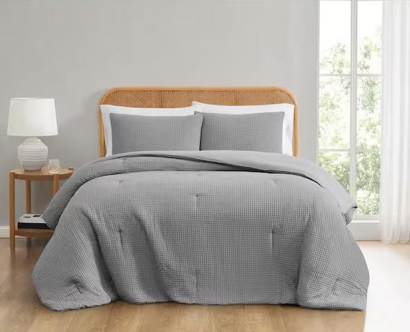 3-Piece Waffle Texture Comforter Set, Full/Queen Size, Gray