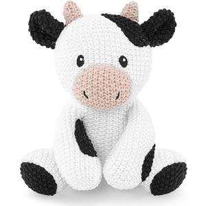 JUSTQUNSEEN Cow Stuffed Animal for Kids,8inch Sit Cow Toys Hand Knit Doll Baby Cute Doll Bed Time,Handmade Knit Animal Toy Soft Cotton Knitted Animals Teddy Bear Christmas Birthday Gifts (Knit Cow）